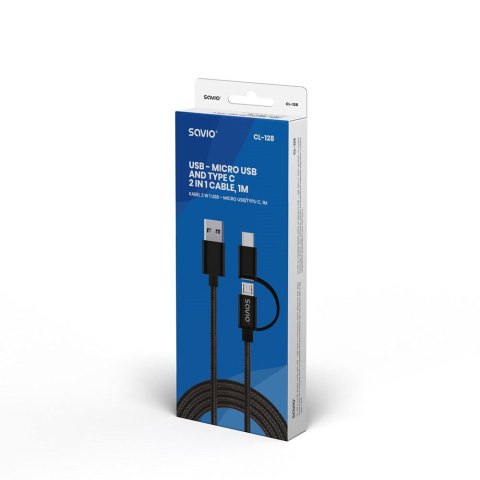 Kabel SAVIO CL-128 (Micro USB typu B, USB typu C - USB 2.0 typu A ; 1m; kolor czarny) Kabel SAVIO CL-128 (Micro USB typu B, USB typu C - USB 2.0 typu A ; 1m; kolor czarny)