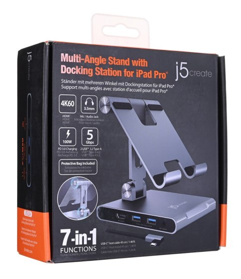 Podstawka ergonomiczna do iPad Pro ze stacją dokującą j5create Multi-Angle Stand with Docking Station for iPad Pro USB-C 1x4K HD Podstawka ergonomiczna do iPad Pro ze stacją dokującą j5create Multi-Angle Stand with Docking Station for iPad Pro USB-C 1x4K HD