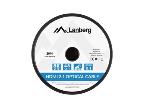 LANBERG KABEL HDMI M/M V2.1 20M 8K OPTYCZNY AOC CA-HDMI-30FB-0200-BK LANBERG KABEL HDMI M/M V2.1 20M 8K OPTYCZNY AOC CA-HDMI-30FB-0200-BK