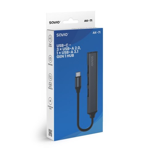 SAVIO HUB USB-A - 3 X USB-A 2.0, 1 X USB-A 3.0, SZARY AK-70 SAVIO HUB USB-A - 3 X USB-A 2.0, 1 X USB-A 3.0, SZARY AK-70