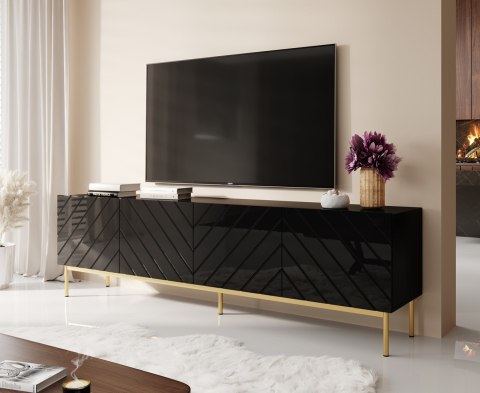 Szafka RTV ABETO na złotym stelażu ze stali 200x42x60 czarny/czarny połysk Szafka RTV ABETO na złotym stelażu ze stali 200x42x60 czarny/czarny połysk