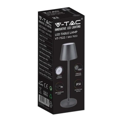 Lampka Biurkowa Nocna V-TAC 2W LED Ładowanie Ściemnianie IP54 Czarna VT-7522 3000K 200lm Lampka Biurkowa Nocna V-TAC 2W LED Ładowanie Ściemnianie IP54 Czarna VT-7522 3000K 200lm