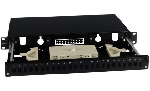 EmiterNet Przełącznica wysuwana 19" 1U 24xSC simplex teleskopowa, czarna EmiterNet Przełącznica wysuwana 19" 1U 24xSC simplex teleskopowa, czarna