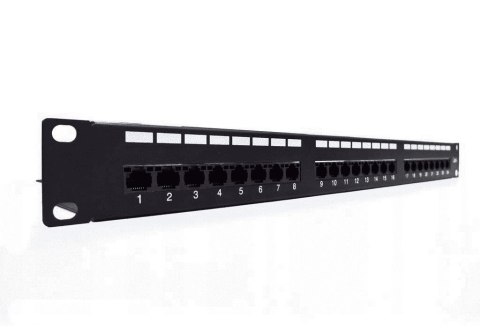 Panel krosowy 19'' 24x RJ45, LSA poziom, kat.6, ekranowany, 1U, czarny,prowadnica kabli,pola opisowe Panel krosowy 19'' 24x RJ45, LSA poziom, kat.6, ekranowany, 1U, czarny,prowadnica kabli,pola opisowe