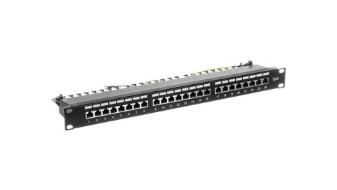 Panel krosowy 19'' 24x RJ45, LSA poziom, kat.6, ekranowany, 1U, czarny,prowadnica kabli,pola opisowe Panel krosowy 19'' 24x RJ45, LSA poziom, kat.6, ekranowany, 1U, czarny,prowadnica kabli,pola opisowe