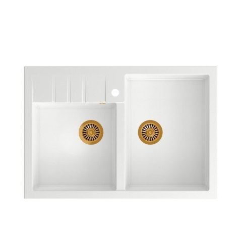 Zlewozmywak granitowy QUADRON BILL 120 biały nakładany + syfon save space w kolorze PVD Zlewozmywak granitowy QUADRON BILL 120 biały nakładany + syfon save space w kolorze PVD