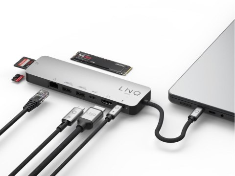 LINQ HUB USB-C 9IN1 SSD PRO MULTIPORT (HDMI, USB-C, RJ45, 2XUSB-A, USB-C PD100W DO ZASILANIA, SLOT MICROSD/TF/SD, NVME M.2) LINQ HUB USB-C 9IN1 SSD PRO MULTIPORT (HDMI, USB-C, RJ45, 2XUSB-A, USB-C PD100W DO ZASILANIA, SLOT MICROSD/TF/SD, NVME M.2)