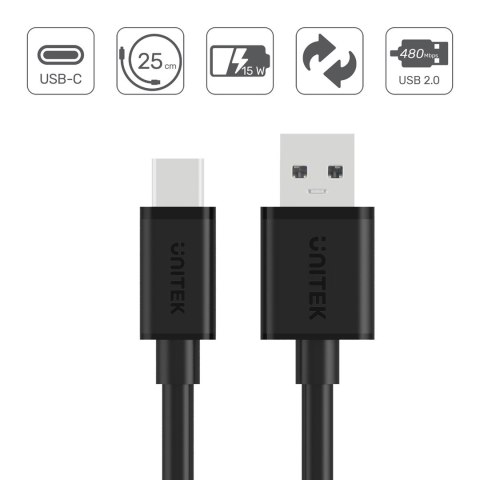 UNITEK USB CABLE USB-A — USB-C 25CM, Y-C480BK UNITEK USB CABLE USB-A — USB-C 25CM, Y-C480BK