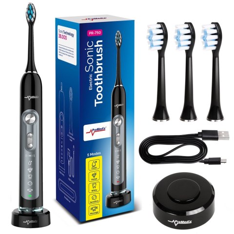 Szczoteczka soniczna Promedix, kolor czarny, etui podróżne, 5 trybów, timer, 3 poziomy mocy, 3 końcówki, PR-750 B Szczoteczka soniczna Promedix, kolor czarny, etui podróżne, 5 trybów, timer, 3 poziomy mocy, 3 końcówki, PR-750 B
