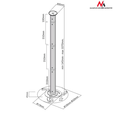 Uchwyt sufitowy do projektora 80-980mm 10kg Maclean MC-517 S srebrny Uchwyt sufitowy do projektora 80-980mm 10kg Maclean MC-517 S srebrny