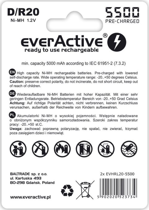 Akumulatorki D / R20 Ni-MH everActive 5500mAh Silver Line (box 2 szt.) Akumulatorki D / R20 Ni-MH everActive 5500mAh Silver Line (box 2 szt.)
