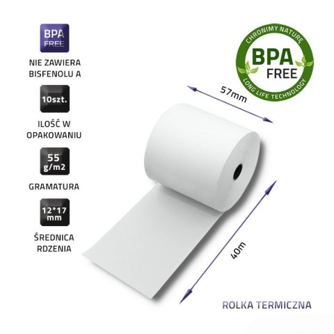 Qoltec Rolka termiczna 57 x 40 | 55g/m2 | 10szt. | BPA free Qoltec Rolka termiczna 57 x 40 | 55g/m2 | 10szt. | BPA free