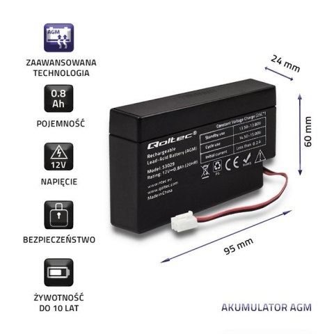 Qoltec Akumulator AGM | 12V | 0.8Ah | Bezobsługowy | Wydajny | LongLife | do zabawek, pojazdów Qoltec Akumulator AGM | 12V | 0.8Ah | Bezobsługowy | Wydajny | LongLife | do zabawek, pojazdów