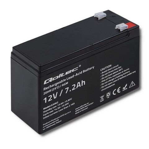 Qoltec Akumulator AGM | 12V | 7.2Ah | Bezobsługowy | Wydajny | LongLife | do UPS, security