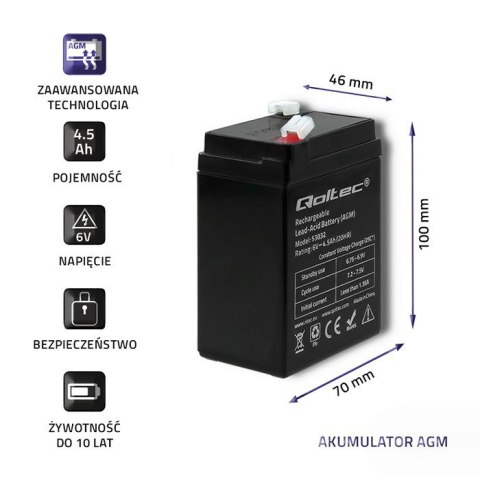 Qoltec Akumulator AGM | 6V | 4.5Ah | Bezobsługowy | Wydajny | LongLife | do UPS, wagi, kasy Qoltec Akumulator AGM | 6V | 4.5Ah | Bezobsługowy | Wydajny | LongLife | do UPS, wagi, kasy