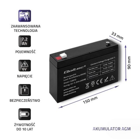 Qoltec Akumulator AGM | 6V | 7.2Ah | Bezobsługowy | Wydajny | LongLife | do zabawek, pojazdów Qoltec Akumulator AGM | 6V | 7.2Ah | Bezobsługowy | Wydajny | LongLife | do zabawek, pojazdów