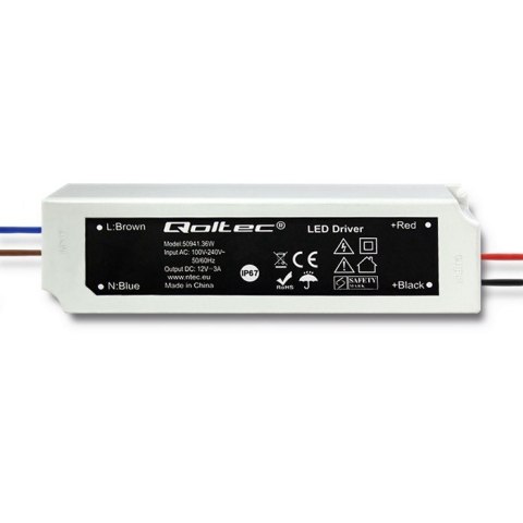 Qoltec Zasilacz impulsowy LED IP67 | 36W | 12V | 3A | Wodoodporny | Biały Qoltec Zasilacz impulsowy LED IP67 | 36W | 12V | 3A | Wodoodporny | Biały