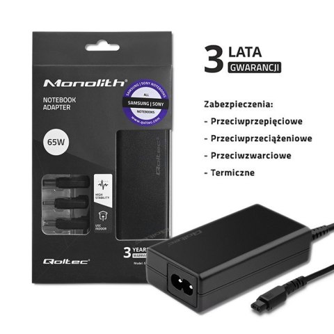 Qoltec Zasilacz specjalizowany do Samsung Sony 65W | 3 wtyczki | + kabel zasilający