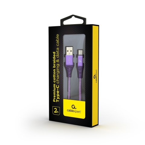 Kabel USB 2.0 - typ C (AM/CM) oplot tekstylny 2m purpurowo-biały Gembird Kabel USB 2.0 - typ C (AM/CM) oplot tekstylny 2m purpurowo-biały Gembird