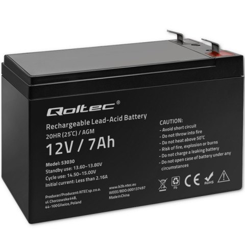 Akumulator żelowy AGM 12V 7Ah 105A (max) Qoltec Akumulator żelowy AGM 12V 7Ah 105A (max) Qoltec