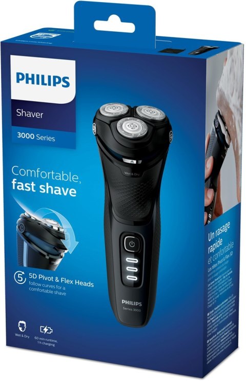 Philips 3000 series Shaver series 3000 S3233/52 Wet or dry electric shaver with handy travel pouch, Rotation shaver, Black, Char Philips 3000 series Shaver series 3000 S3233/52 Wet or dry electric shaver with handy travel pouch, Rotation shaver, Black, Char