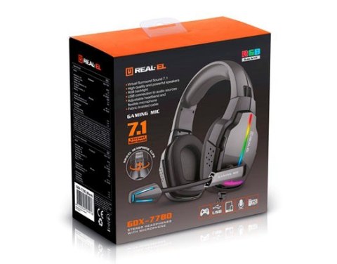Słuchawki gamingowe REAL-EL GDX-7780 SURROUND 7.1 (black, RGB, z wbudowanym mikrofonem) Słuchawki gamingowe REAL-EL GDX-7780 SURROUND 7.1 (black, RGB, z wbudowanym mikrofonem)