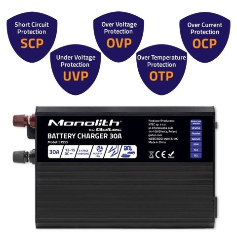 QOLTEC ŁADOWARKA DO AKUMULATORÓW LIFEPO4 AGM GEL SLA | 30A | 12V QOLTEC ŁADOWARKA DO AKUMULATORÓW LIFEPO4 AGM GEL SLA | 30A | 12V