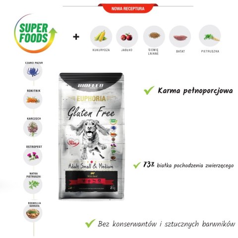 BIOFEED Euphoria G-F psy SMALL&MID wołowina 12kg BIOFEED Euphoria G-F psy SMALL&MID wołowina 12kg