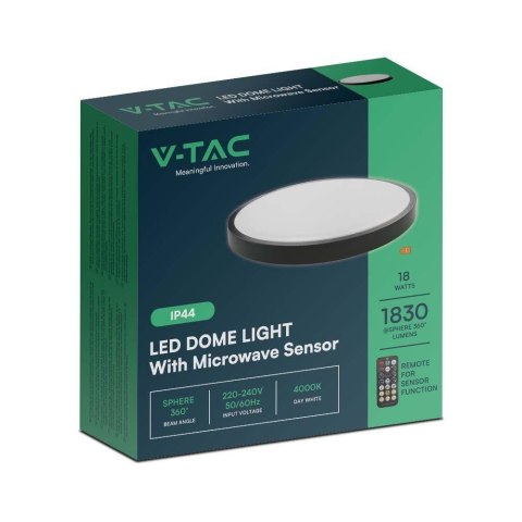 Plafon V-TAC 18W LED Okrągły 30cm Natynkowy Pilot Czujnik Ruchu IP44 Czarny VT-8618S 4000K 1830lm Plafon V-TAC 18W LED Okrągły 30cm Natynkowy Pilot Czujnik Ruchu IP44 Czarny VT-8618S 4000K 1830lm