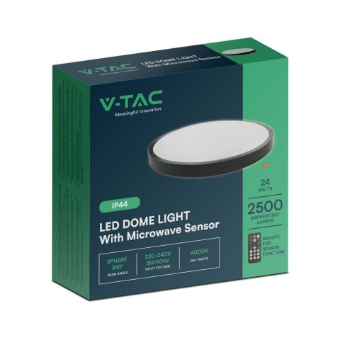 Plafon V-TAC 24W LED Okrągły 35cm Natynkowy Pilot Czujnik Ruchu IP44 Czarny VT-8624S 4000K 2500lm Plafon V-TAC 24W LED Okrągły 35cm Natynkowy Pilot Czujnik Ruchu IP44 Czarny VT-8624S 4000K 2500lm