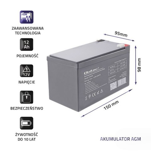 Qoltec Akumulator AGM | 12V | 12Ah | Bezobsługowy | Wydajny | LongLife | do UPS, security Qoltec Akumulator AGM | 12V | 12Ah | Bezobsługowy | Wydajny | LongLife | do UPS, security