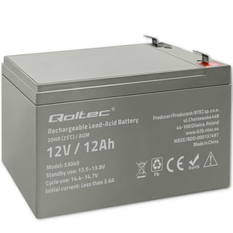 Qoltec Akumulator AGM | 12V | 12Ah | Bezobsługowy | Wydajny | LongLife | do UPS, security Qoltec Akumulator AGM | 12V | 12Ah | Bezobsługowy | Wydajny | LongLife | do UPS, security