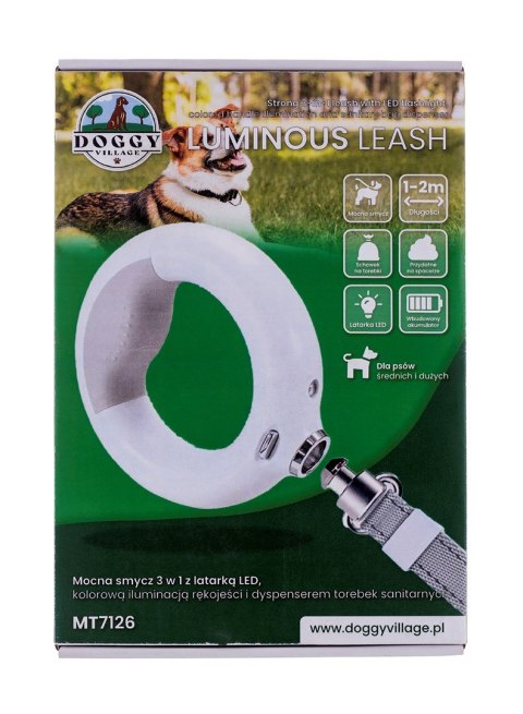DOGGYVILLAGE SMYCZ MOCNA Z LATARKĄ LED I KOLOROWĄ ILUMINACJĄ RĘKOJEŚCI 3W1 BIAŁA MT7126 DOGGYVILLAGE SMYCZ MOCNA Z LATARKĄ LED I KOLOROWĄ ILUMINACJĄ RĘKOJEŚCI 3W1 BIAŁA MT7126