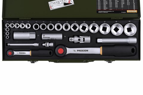 Zestaw kluczy nasadowych z grzechotkami Proxxon 1/2" i 1/4" (27 cz.) Zestaw kluczy nasadowych z grzechotkami Proxxon 1/2" i 1/4" (27 cz.)