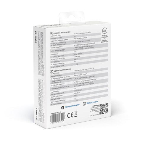 SAVIO SŁUCHAWKI BEZPRZEWODOWE BLUETOOTH 5.3 Z MIKROFONEM, ANC, ENC, QC TWS-12 SAVIO SŁUCHAWKI BEZPRZEWODOWE BLUETOOTH 5.3 Z MIKROFONEM, ANC, ENC, QC TWS-12