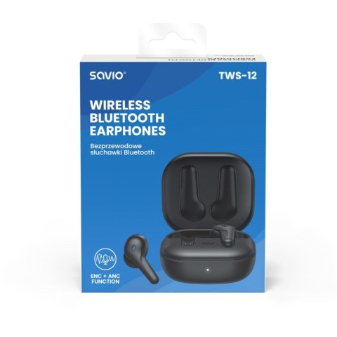 SAVIO SŁUCHAWKI BEZPRZEWODOWE BLUETOOTH 5.3 Z MIKROFONEM, ANC, ENC, QC TWS-12 SAVIO SŁUCHAWKI BEZPRZEWODOWE BLUETOOTH 5.3 Z MIKROFONEM, ANC, ENC, QC TWS-12