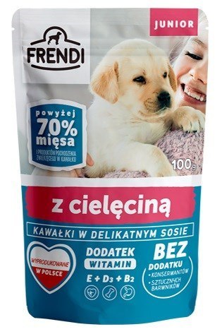 FRENDI Junior Kawałki w delikatnym sosie z cielęciną - mokra karma dla psa - 100 g FRENDI Junior Kawałki w delikatnym sosie z cielęciną - mokra karma dla psa - 100 g