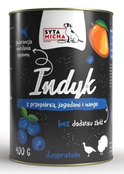 SYTA MICHA mokra karma indyk z przepiórką, jagodami i mango 400g pies SYTA MICHA mokra karma indyk z przepiórką, jagodami i mango 400g pies
