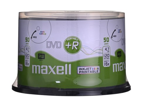 MAXELL DVD+R 4,7GB, 50 szt. w opakowaniu cake (szpindel). Prędkość zapisu 16X, 120 min. Płyty do nadruku atramentowego. Przeznac MAXELL DVD+R 4,7GB, 50 szt. w opakowaniu cake (szpindel). Prędkość zapisu 16X, 120 min. Płyty do nadruku atramentowego. Przeznac