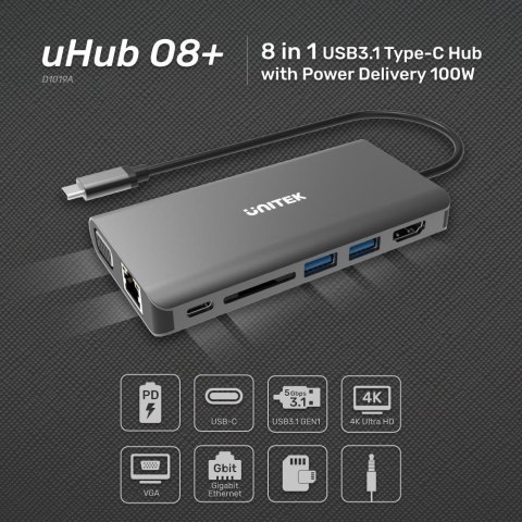UNITEK HUB 8W1 USB3.1 TYP-C, PD 100W, D1019A UNITEK HUB 8W1 USB3.1 TYP-C, PD 100W, D1019A
