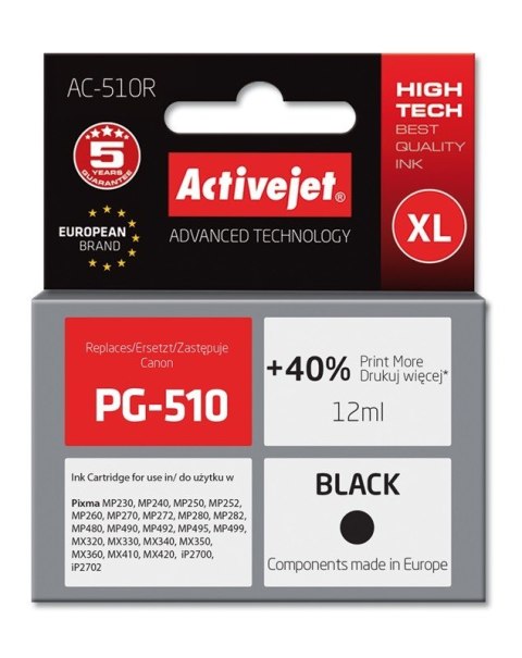 Activejet AC-510R Tusz (zamiennik Canon PG-510; Premium; 12 ml; czarny) Activejet AC-510R Tusz (zamiennik Canon PG-510; Premium; 12 ml; czarny)