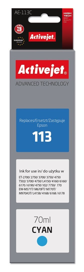 Activejet AE-113C Tusz (zamiennik Epson 113 C13T06B240; Supreme; 70ml; niebieski) Activejet AE-113C Tusz (zamiennik Epson 113 C13T06B240; Supreme; 70ml; niebieski)