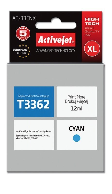 Activejet AE-33CNX Tusz (zamiennik Epson 33XL T3362; Supreme; 12 ml; niebieski) Activejet AE-33CNX Tusz (zamiennik Epson 33XL T3362; Supreme; 12 ml; niebieski)