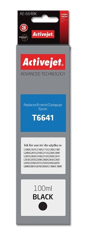 Activejet AE-664Bk Tusz (zamiennik Epson T6641; Supreme; 100 ml; czarny) Activejet AE-664Bk Tusz (zamiennik Epson T6641; Supreme; 100 ml; czarny)