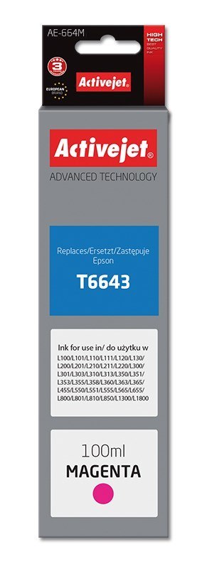 Activejet AE-664M Tusz (zamiennik Epson T6643; Supreme; 100 ml; czerwony) Activejet AE-664M Tusz (zamiennik Epson T6643; Supreme; 100 ml; czerwony)