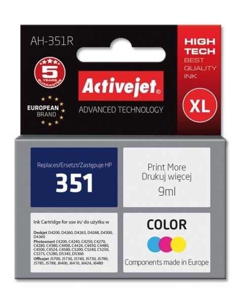Activejet AH-351R Tusz (zamiennik HP 351 CB337EE; Premium; 9 ml; kolor) Activejet AH-351R Tusz (zamiennik HP 351 CB337EE; Premium; 9 ml; kolor)