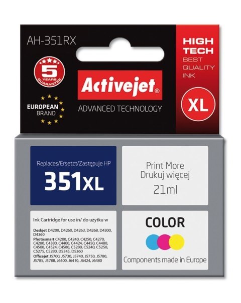 Activejet AH-351RX Tusz (zamiennik HP 351XL CB338EE; Premium; 21 ml; kolor) Activejet AH-351RX Tusz (zamiennik HP 351XL CB338EE; Premium; 21 ml; kolor)