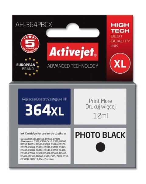Activejet AH-364PBCX Tusz (zamiennik HP 364XL CB322EE; Premium; 12 ml; czarny, foto) Activejet AH-364PBCX Tusz (zamiennik HP 364XL CB322EE; Premium; 12 ml; czarny, foto)