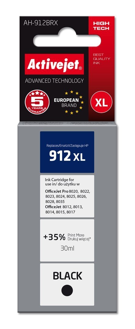 Activejet AH-912BRX Tusz (zamiennik HP 912XL 3YL84AE; Premium; 1100 stron; 30 ml, czarny) Activejet AH-912BRX Tusz (zamiennik HP 912XL 3YL84AE; Premium; 1100 stron; 30 ml, czarny)