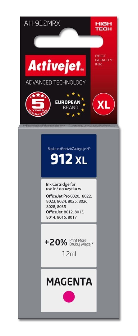 Activejet AH-912MRX Tusz (zamiennik HP 912XL 3YL82AE; Premium; 990 stron; 12 ml, czerwony) Activejet AH-912MRX Tusz (zamiennik HP 912XL 3YL82AE; Premium; 990 stron; 12 ml, czerwony)